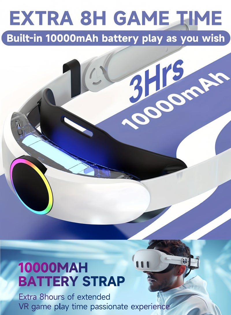 كول رابي حزام رأس مزود بإضاءة RGB وبطارية لأجهزة Meta/Oculus Quest 3/Quest 3S، بطارية بسعة 10000 مللي أمبير توفر 8 ساعات من اللعب المتواصل، شحن سريع، ملحقات بديلة قابلة للتعديل، دعم وتوازن محسّنان في الواقع الافتراضي - Image 2